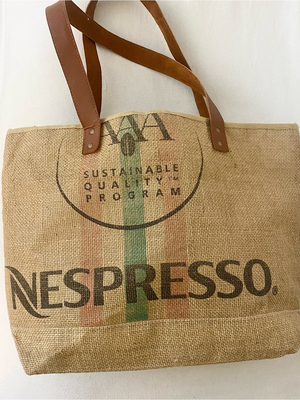 Nespresso logo tote 100% Jute with Brown leather straps and 100% cotton lining - Picture 1 of 11